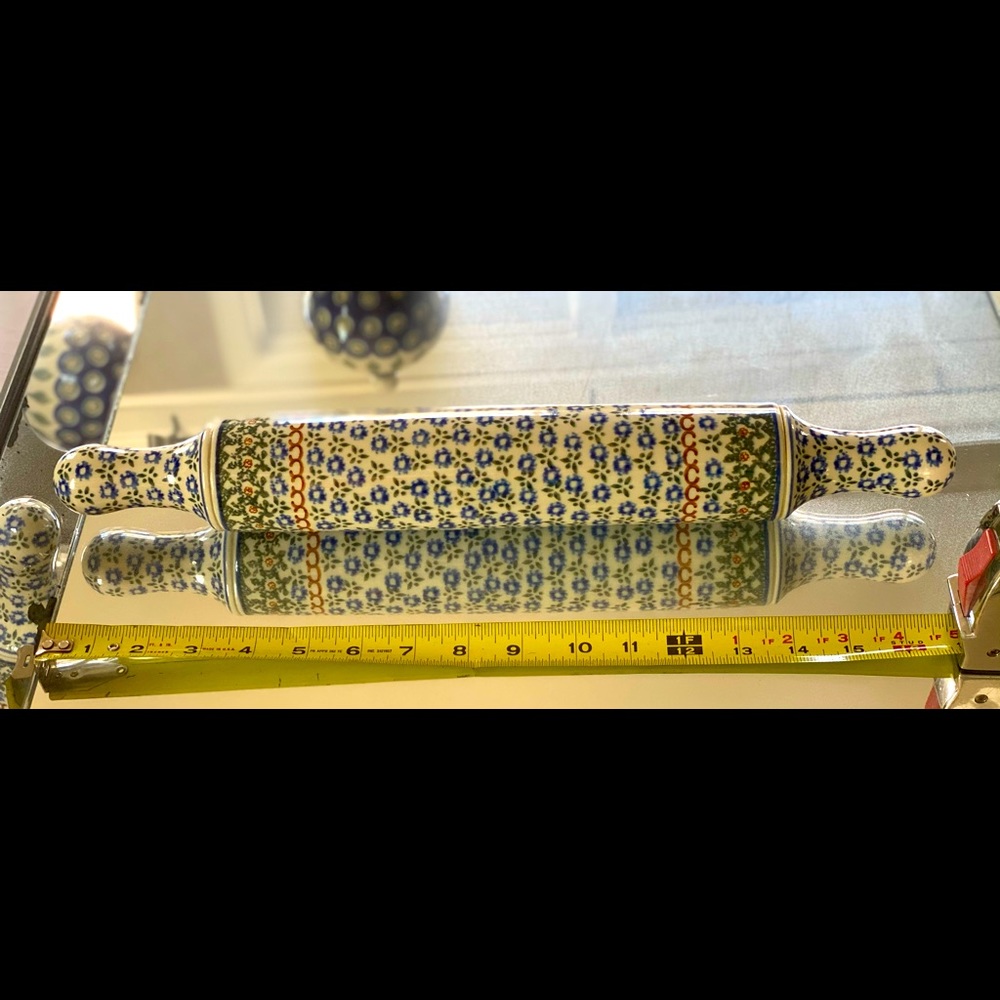 Hand-Painted Ceramic Rolling Pin in Blue Floral Pattern
